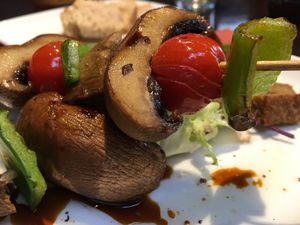 Seitan and grilled vegetable skewers  at B12 in Girona