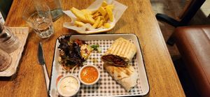 Turkish no meat kebab with spicy potatoes and side salad at The Olive Tree in Castlebar