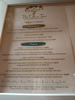 Vegan Menu January 2026 at The Olive Tree in Castlebar