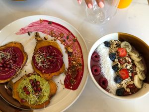 Smoothie bowl and sweet potato toast!  at Contrast in Bordeaux