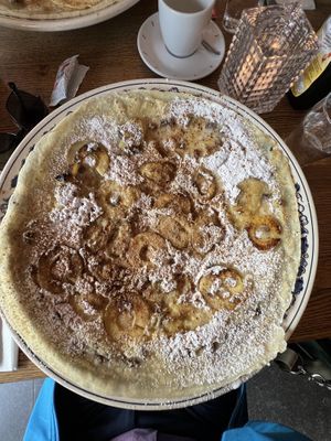 Apple, banana, raisin, powdered sugar, and cinnamon 15"+ pancake   at Oudt Leyden in Leiden