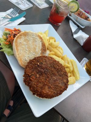 Home made vegan burger  at Fat Cats in Albufeira