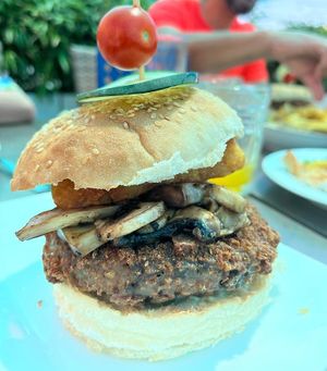 Home made burger - vegan and made of various vegetable items. And tastes as good as it looks!  at Fat Cats in Albufeira
