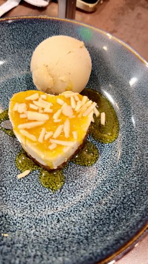 Passionfruit cheesecake with banana ice cream   at Fat Cats in Albufeira