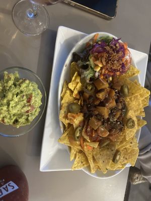 Vegan loaded nachos (side of guacamole)   at Fat Cats in Albufeira