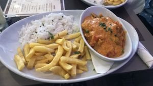 Vegan curry with chips and rice at Fat Cats in Albufeira