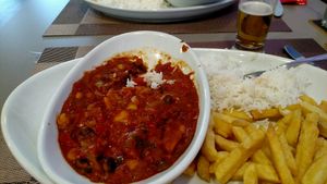 Vegan Chilli, Chips, and Rice at Fat Cats in Albufeira