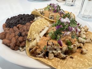 Cauliflower tacos / beans & rice #Veganuary at Slice of Life in Sebastopol