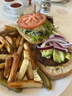 Black bean burger with air fries   at Slice of Life in Sebastopol