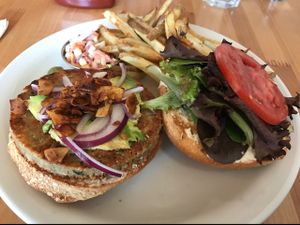 California burger with nut burger  at Slice of Life in Sebastopol