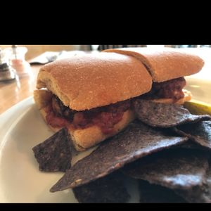 mock meat ball  at Slice of Life in Sebastopol