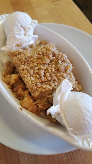 Warm pear apple crisp with coconut ice cream at Slice of Life in Sebastopol