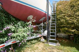 Ladder to deck level at Vegan Vessel SV Breta in Harbor