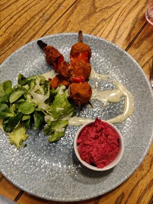 Roasted red pepper & sweet potato kofta skewers at White Cart in Glasgow