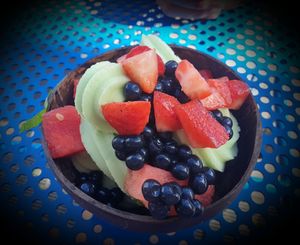 Pine lime soft serve & blueberry pearls yum at Yo-Chi in Balaclava