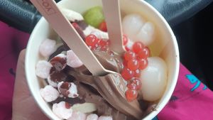 Yummy! Banana and chocolate soft serve with fruit, mochis and pearls at Yo-Chi in Balaclava