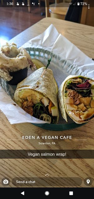 Salmon wrap with smashed potatoes at Eden Vegan Cafe in Scranton
