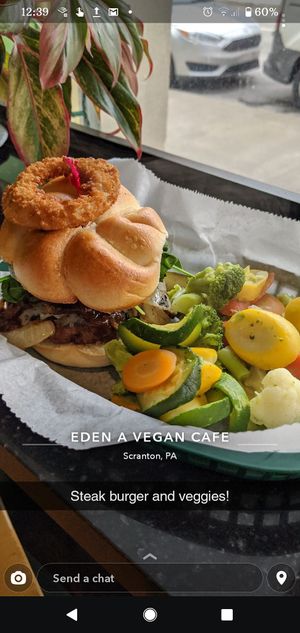 Steak burger with veggies at Eden Vegan Cafe in Scranton