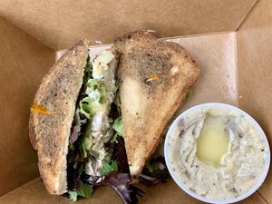 Netflix and Dill Chicken Salad with side of smashed potatoes  at Eden Vegan Cafe in Scranton