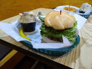 Cheeseburger with smashed potatoes. at Eden Vegan Cafe in Scranton