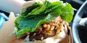 Burger. The fried onions were a great addition at Eden Vegan Cafe in Scranton