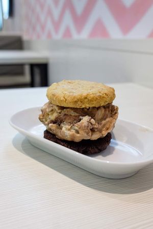 Almond brittle fudge ice cream with two flavors of cookies
 at Kind Kones - Forum in Central Singapore