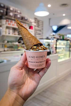 Tiramisu ice cream with peanut sesame brittle and chocolate buckwheat granola toppings
 at Kind Kones - Forum in Central Singapore