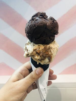 Chocolate and almond brittle fudge with limited edition vegan charcoal wholemeal cone🖤 at Kind Kones - Forum in Central Singapore