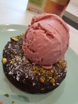Chocolate donut with strawberry ice cream at Kind Kones - Forum in Central Singapore