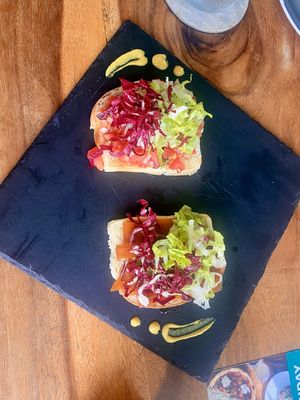 Bruschetta - traditional (top) and salmon   at Amami Garden in Ungasan