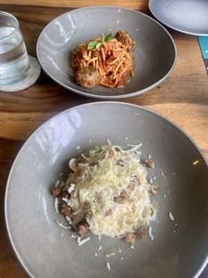 Meatballs and carbonara (half serves)  at Amami Garden in Ungasan