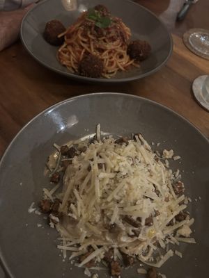 carbonara & speg w "meatballs”  at Amami Garden in Ungasan