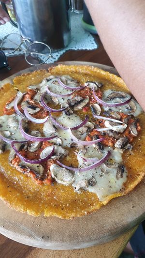 Pizza - 'Nduja e Funghi on delicious GF pumpkin crust base.  at Amami Garden in Ungasan