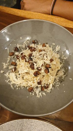 Creamy Carbonara with amazing crispy tempe cubes!  at Amami Garden in Ungasan