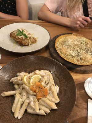 Penne “Salmon”, Lasagna and Pizza 4 cheese with pumpkin crust (Gluten Free)  at Amami Garden in Ungasan