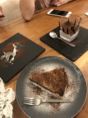 Tiramisu (already half eaten bc too delicious to wait) Panna Cotta and Tarte de Nonno at Amami Garden in Ungasan