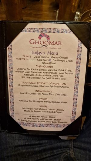 Menu of the day at Ghoomar in New Delhi