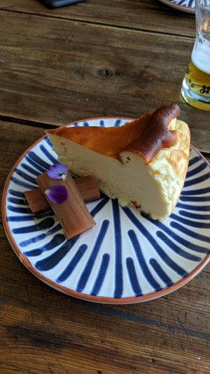 Burnt Basque checksums cheesecake with rhubarb at Yakumama in Todmorden
