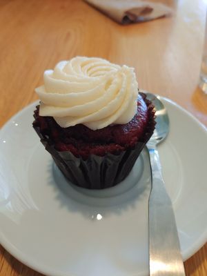 Red velvet cupcake, the vegan cream cheese icing was so delicious! at Pure Kitchen - Kanata in Ottawa