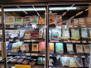 Vegan oroducts in fridge at Ut Muueletentje in Weert