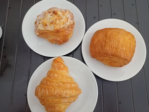 Coconut pain au chocolat, classic pain au chocolat, classic croissant at The Flour Pot Bakery in Brighton
