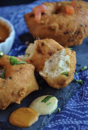 Sambar Vada- Fried lentil fritter served with Sambar ( lentil soup) and chutney.  at Spice 6 in Washington