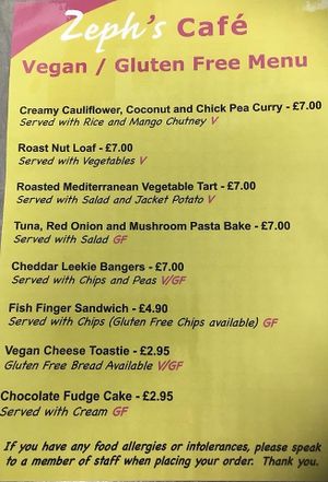 vegan and gluten free menu at Zeph's Cafe in Oadby