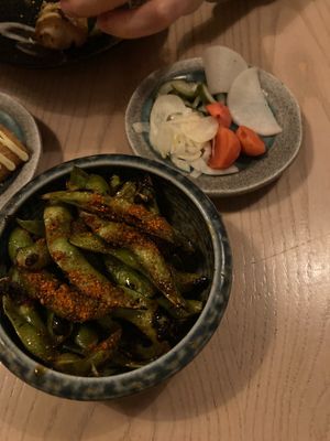 Edamame and pickles at Kushi-ya in Nottingham