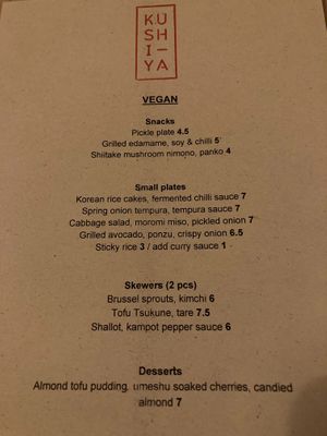 Vegan menu at Kushi-ya in Nottingham