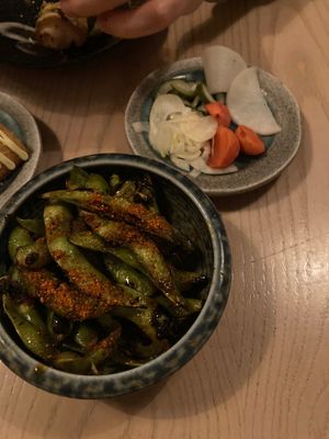 Edamame and pickles at Kushi-ya in Nottingham