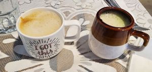 Latte and matcha latte at Animal Liberation Kitchen in Toronto