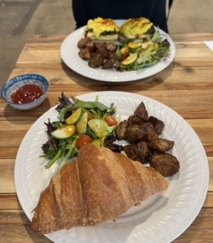 Eggs Benedict and egg salad croissant (all vegan)  at Animal Liberation Kitchen in Toronto