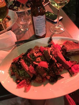 I thought the bruschetta would be snack size... it was a delicious and filling meal (pardon the lighting under the outdoor heat lamp)... tofu, fresh veggies, nice toast! Yum! at Bruscè in Bologna