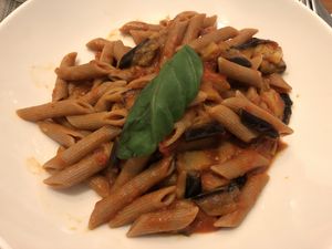 Pasta with eggplant and tomato sauce  at Bruscè in Bologna